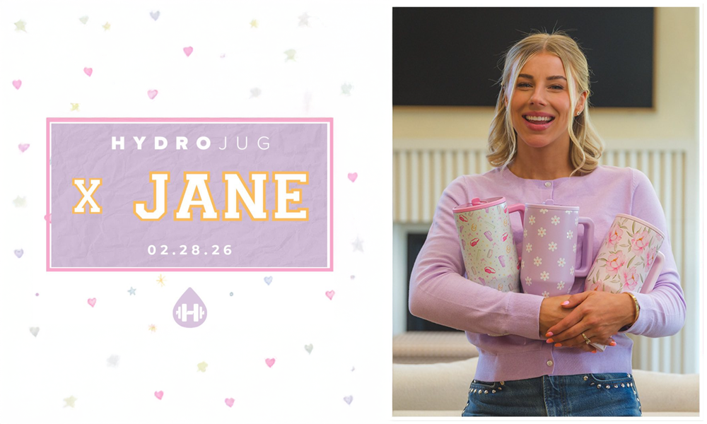 HydroJug X Jane This One's for the Stereotypes campaign graphic and Jane Williamson with the collection